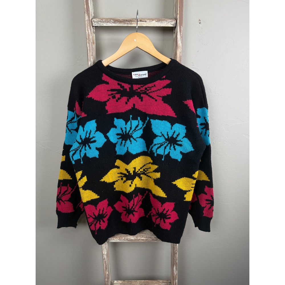Vintage‎ Nan Dorsey USA Made Floral Pullover Knit Sweater Med